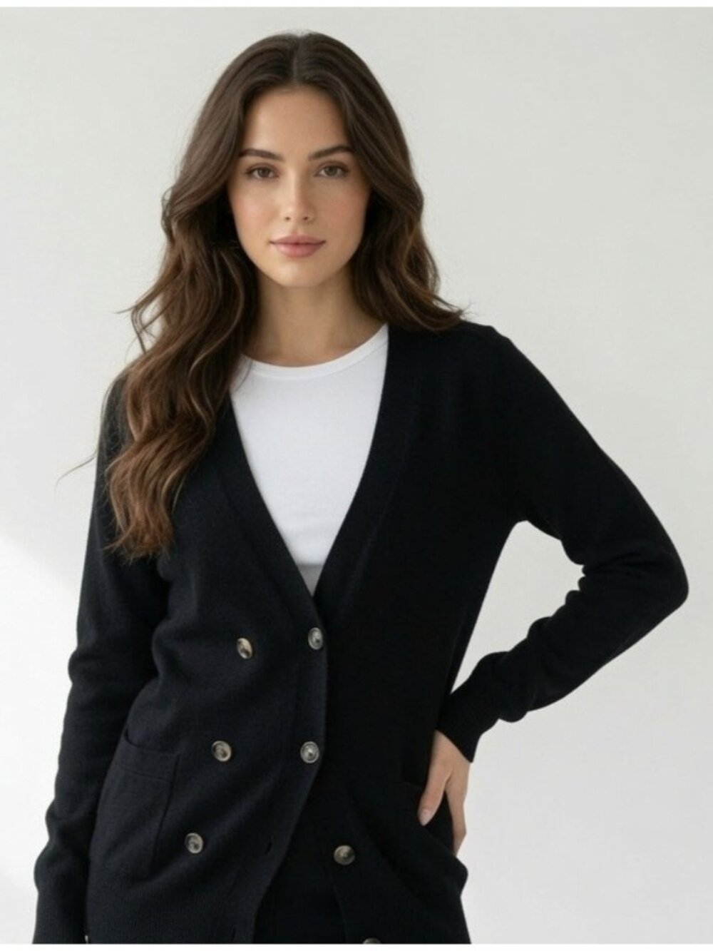 Theory Black 100% Cashmere Double Breasted V-Neck Cardigan Sweater